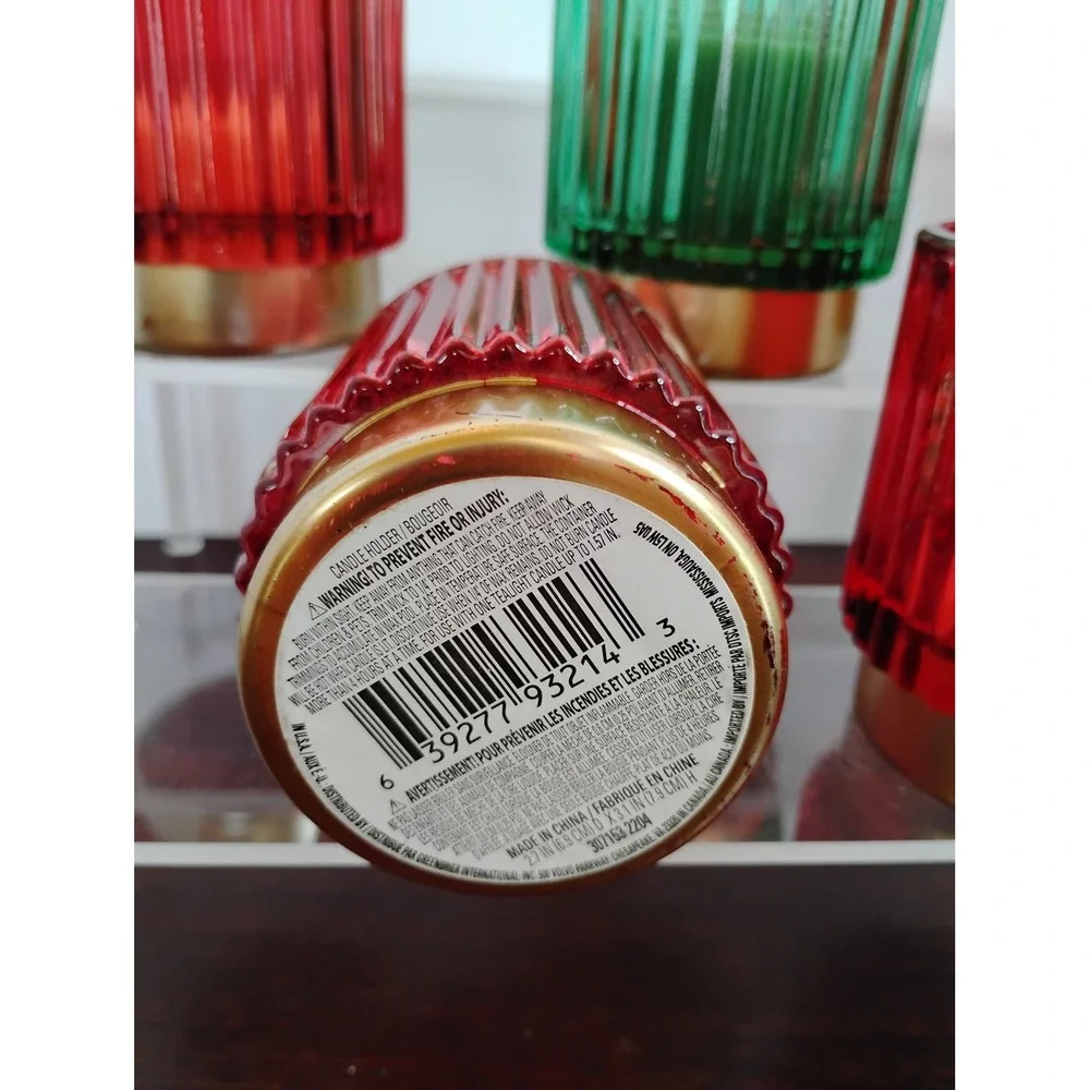 Set of 5 Ribbed Glass Tea Light Candle Holders Red Green Gold Base Holiday Decor